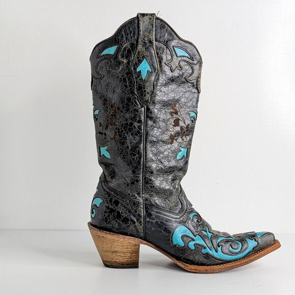Corral C2117 Black Turquoise Distressed Western Snip Toe Cowgirl Boots Women 8 M - Picture 10 of 16